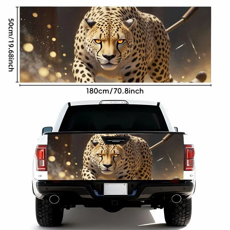 1pc 50*180cm1pcs Dynamic Cheetah Mid-Stride Spotted Coat Car Tail Sticker - Waterproof Self-Adhesive Vinyl, Dramatic Dark Smoky Background with Glowing Particles, Enhances Predatory Agility, Suitable for Most Car Models