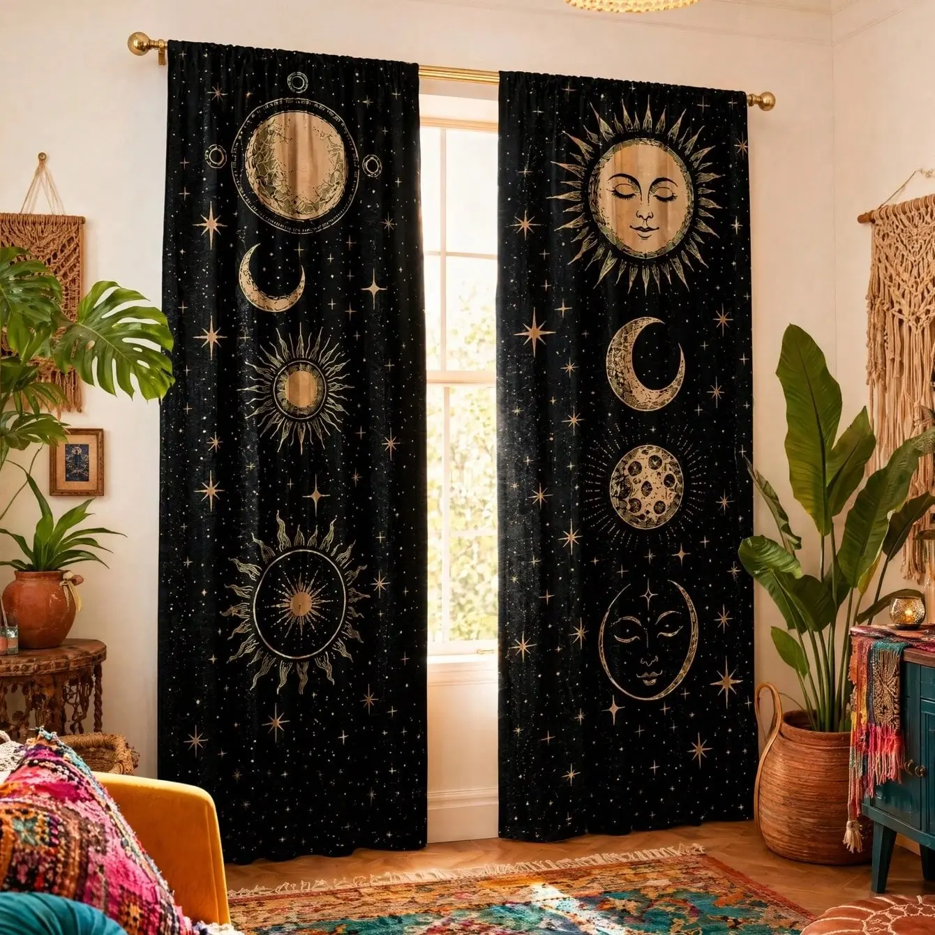 Abstract Theme Curtain Set, Planet Print Design, Elegant Room Window Curtains for Living Room, Bedroom, Kitchen Decor