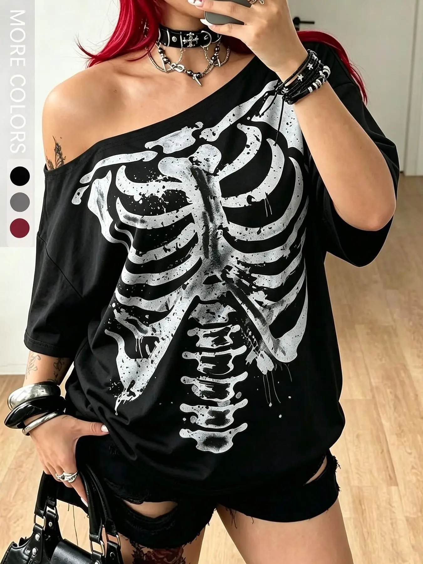 Women's Off Shoulder Skeleton Ribcage Print T‑Shirt Gothic Punk Oversized Short Sleeve Top For Street Party