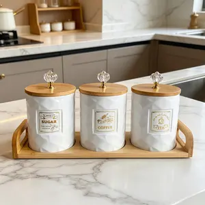 Set of 3 Marble Ceramic Sealed Jars, Containers, Nordic Style, Wooden Base, Moisture Proof, Leakproof Kitchen Containers, Food Jar, Tea Coffee Storage, Kitchen Organizer, Party Essentials