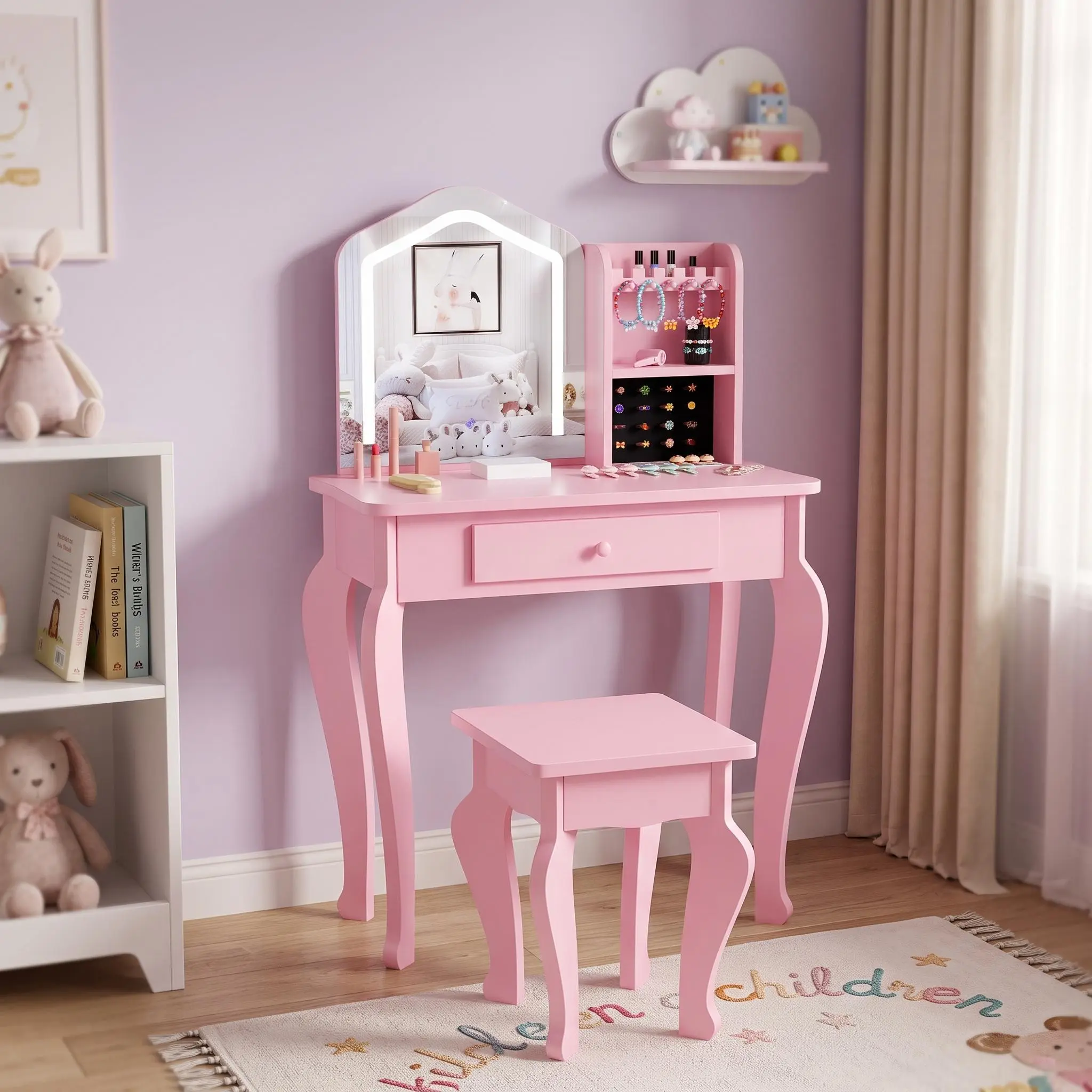 Lighted Mirror Kids Vanity Set with Stool - Makeup Table Playset for Little Girls Ages 3-8 - Elegant, Functional Design - Ideal for Bedroom or Playroom