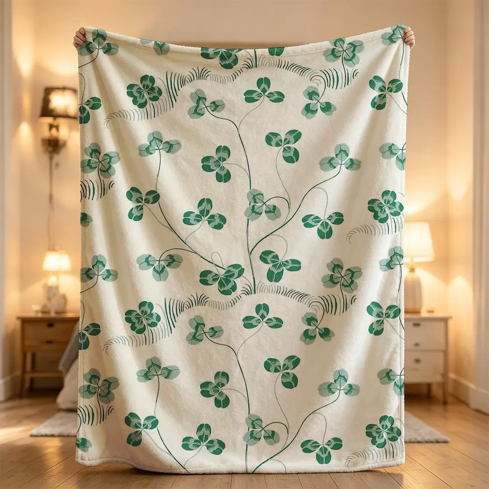 Shamrock clover floral cream green nature cozy reversible decorative plush soft Flannel blanket, sofa leisure blanket, bed blanket, Plush Throw Blanket,Cozy Soft Lightweight Blanket,Boho Decorative Throw Blanket