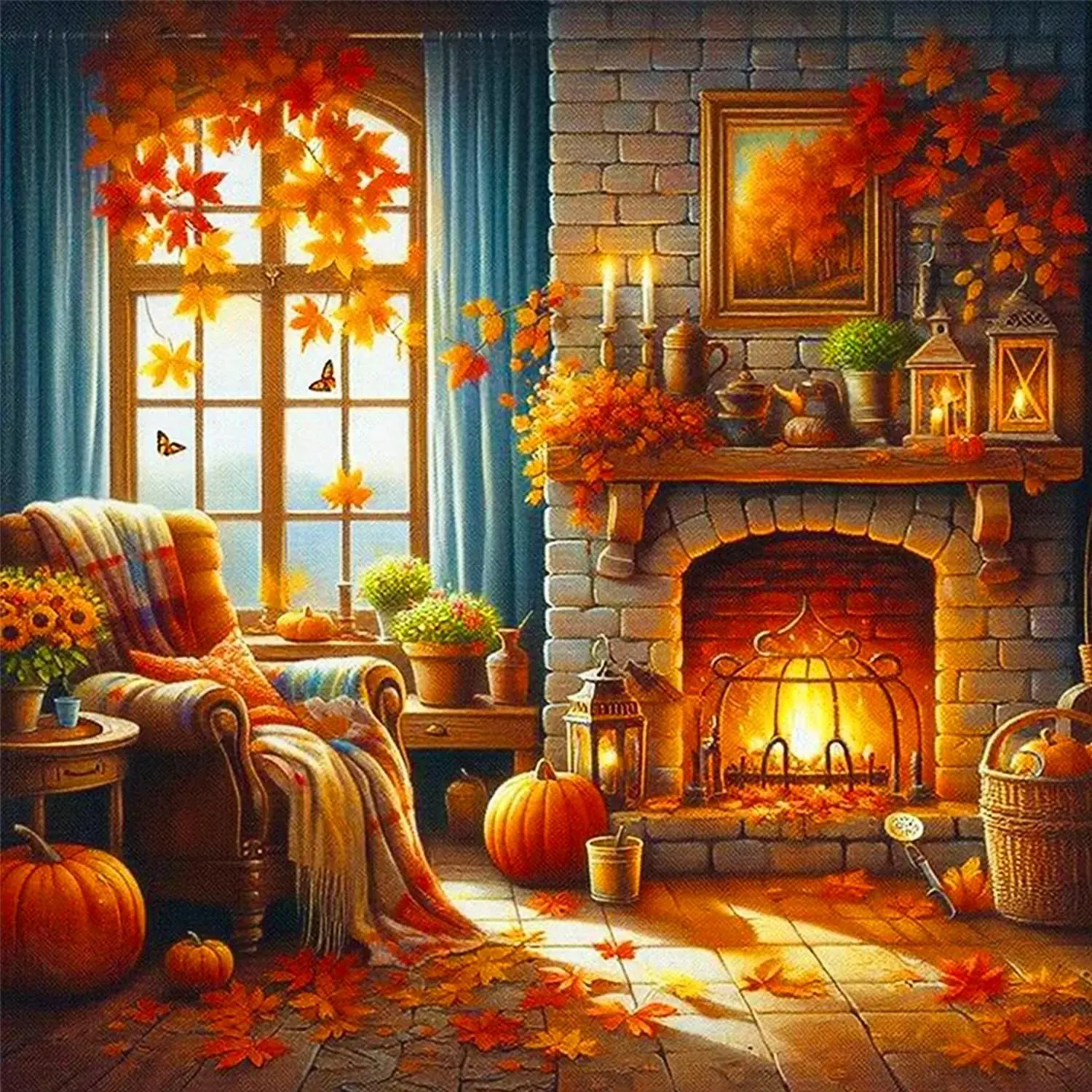 5D DIY Diamond Painting Kits for Adults Beginners, Full Drill Cozy Autumn Fireplace Gem Art Sets, Maple Leaves Pumpkins Armchair Lanterns Rhinestone Canvas Craft Kits, Warm Fall Living Room Home Wall Decor Thanksgiving Painting Gifts