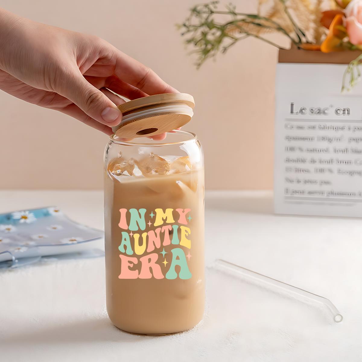 Portable 16oz Glass Cup with Straw & Brush, 1 Count Letter Pattern Coffee Cup, Drinking Cup for Home Office Use, Gift for Aunt, Birthday Gift, Tumbler Serving, Mom Tumbler, Kitchenware