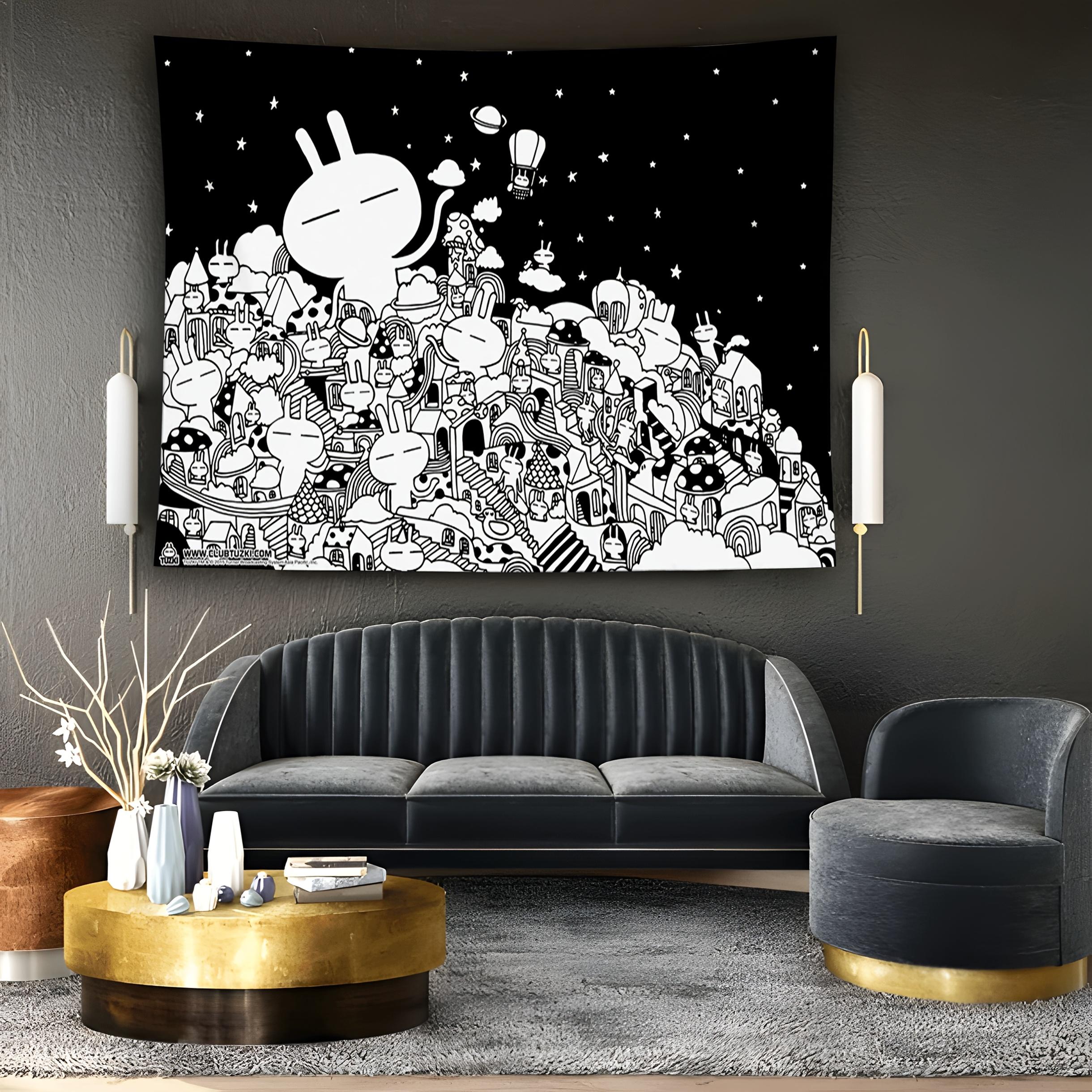 Black and White Minimalist Anime Tapestry - A group of cute characters with smiling, horizontal decoration, suitable dorm rooms, living rooms, office decor - Soft peach-beige, black and white line art, party backdrop, holiday decoration, furniture, minima