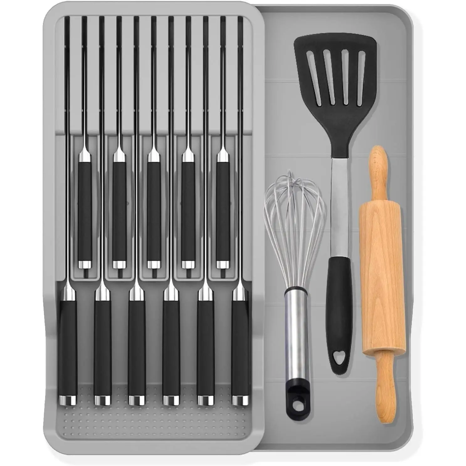 Expandable Drawer Knife Insert Organizer - Plastic Knife Storage Tray for Kitchen Drawers, Adjustable to Fit 11 Knives & Utensils, BPA-Free, Ventilated, Space-Saving, Easy to Clean