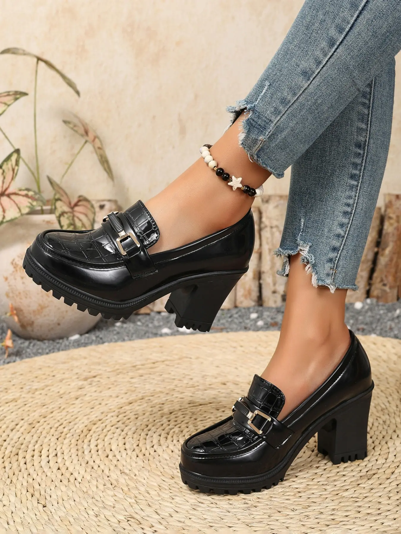Women's New Fall Heeled Loafers, Chunky Block Heel High Heels, Low Ankle, PU Leather, Solid Pattern, All Seasons, Perfect with Dresses