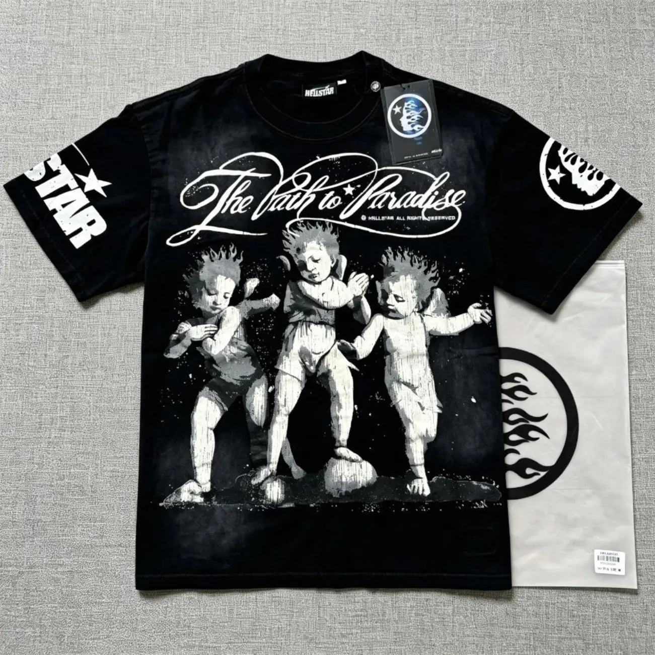 HELLSTAR Cherubs Angel Graphic Washed Cotton T Shirt Men Women Oversized Short Sleeve Tee Vintage Streetwear Y2K Fashion Casual Crew Neck Soft Lightweight Summer Top
