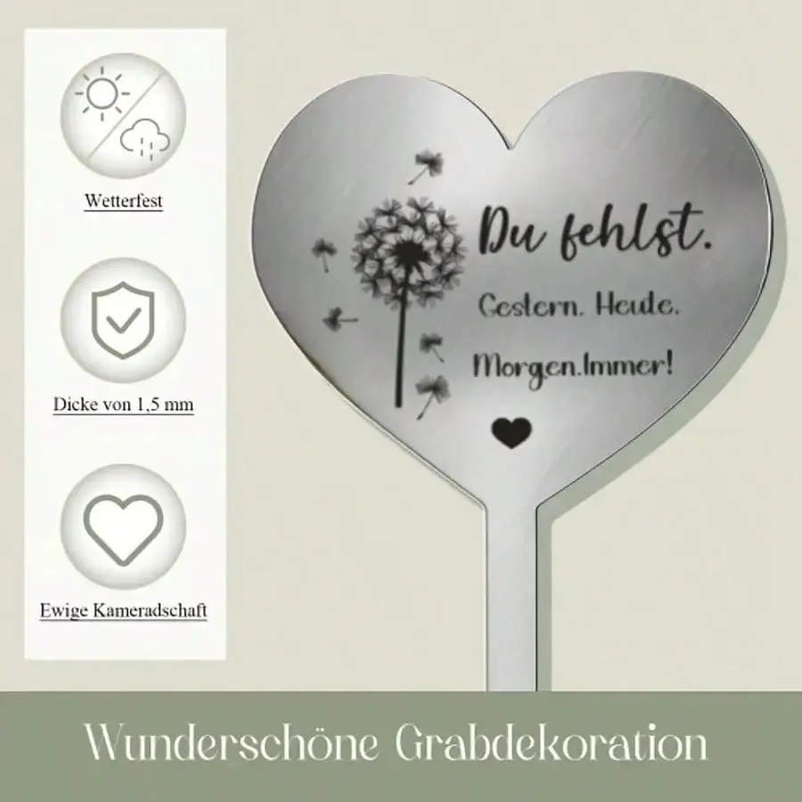 Heart-Shaped Dandelion Memorial Tombstone, Weatherproof Metal, Engraved Tribute, Lawn Display, Cemetery Decoration, Garden Ornament