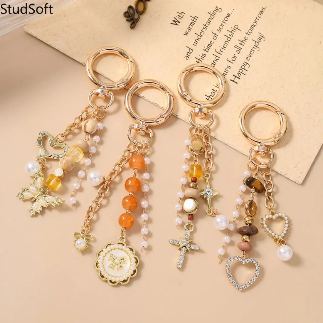 Beaded Wristlet Keychain Bracelet for Women, Cute Stretch Key Ring with Butterfly, Heart & Cross Charms, Aesthetic Y2K Purse Bag Charm, Preppy Car Key Holder, Lightweight Wrist Strap, Daily Travel Accessory, Birthday Gift
