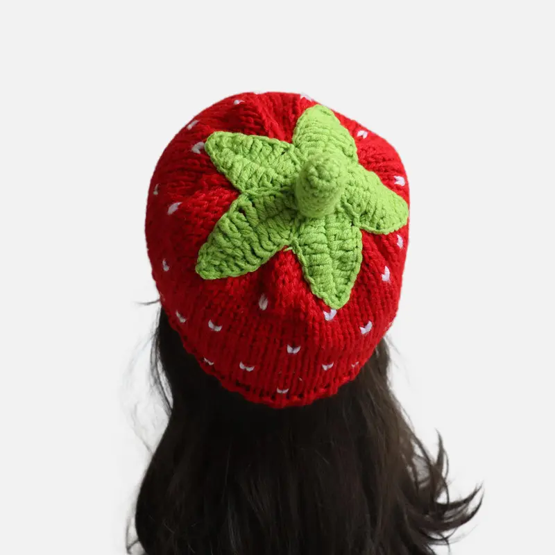 Cute Hand‑Crochet Strawberry Beanie Hat, Lightweight Fruit Shape Knitted Hat, Casual Soft Warm Cap for Women Girls, Parent‑Kid Daily Outdoor Party Hat