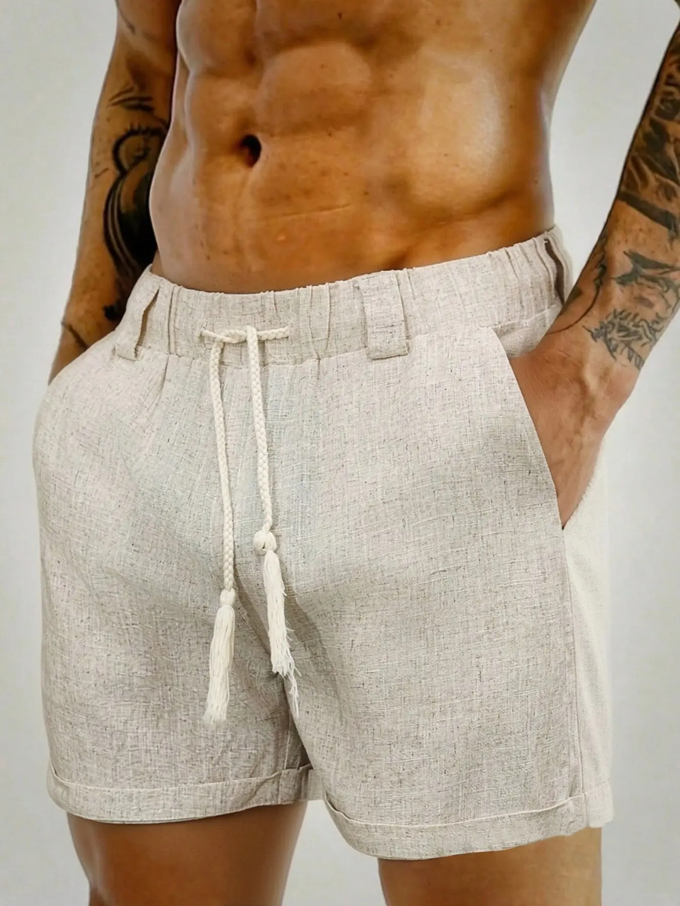 Summer Men's Linen Five-Quarter Shorts, Casual Loose Fit, Drawstring Waist, Side Pockets, Breathable Natural Fabric, Tropical Beach Vacation Wear