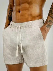 Summer Men's Linen Five-Quarter Shorts, Casual Loose Fit, Drawstring Waist, Side Pockets, Breathable Fabric, Beach Vacation Wear