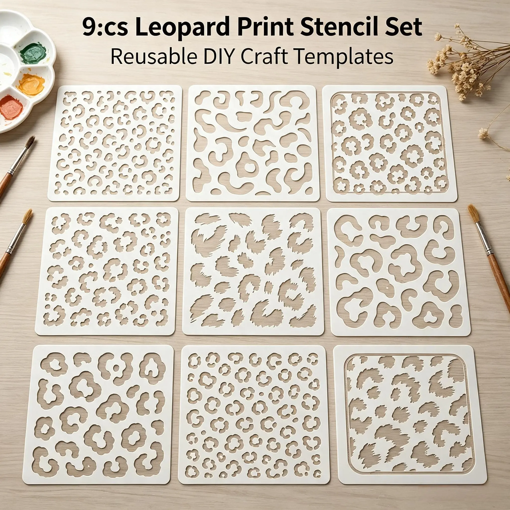 9-Piece Reusable Pet Leopard Print Templates, 3.94 Inch Square Durable Craft Stencils, Ideal for Home Decor, Fabric Painting, DIY Projects