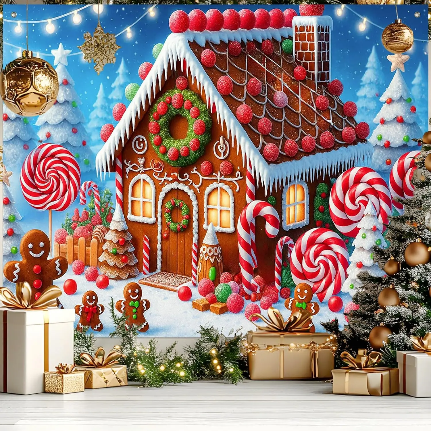 Gingerbread Christmas Backdrop Candy Land Decorations 8 x 6 FT | Christmas Backdrop Holiday Banner Gingerbread House Decor Candy Land Display for Photo Booth  Wall Winter