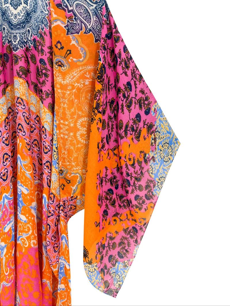 Women's Ethnic Pattern & Patchwork Print Cover Up, Boho Batwing Sleeve Open Front Cover Up, Ladies Summer Clothes for Beach Holiday Vacation