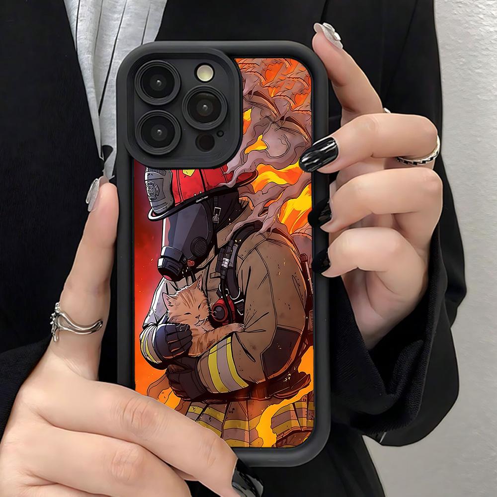 Phone case: Firefighters And Kittens Pattern Fashionable and Popular Shock-Proof Anti-Fingerprint Full Coverage Thick Protective Phone Soft Case Compatible with iPhone 17 E Air Pro ProMax iPhone16 15 14 Plus 13 12 Mini 11 X XS XR