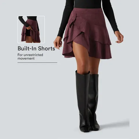 【Creator’s Pick】Halara High Waisted Tiered Ruffle Hem 2-in-1 Longer Mini Suede Casual Skirt with Pocket