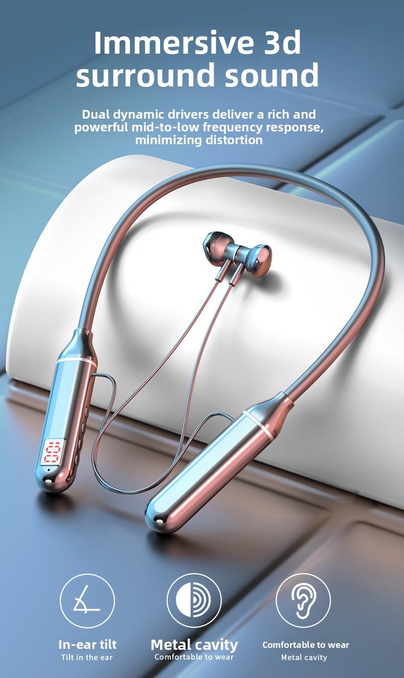 Neckband Wireless Bluetooth Earphones Stereo Sound LED Digital Display Semi-In-Ear Low-Latency Sports Headset