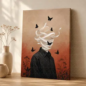 Abstract Butterfly Mind Wall Art Canvas Poster| Orange Black Surreal Portrait Canvas Print| Minimalist Mental Health Decor for Living Room Bedroom Office,wall decor,poster.