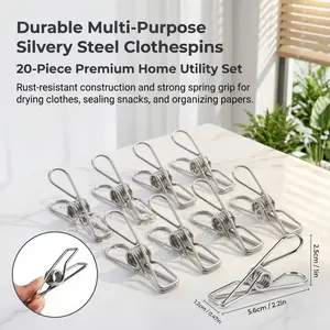 20Pcs Thickened Stainless Steel Clothes Pegs. Rust-resistant metal clips with strong grip and long service life. Ideal for hanging laundry, sealing snack bags, fixing photos and documents.