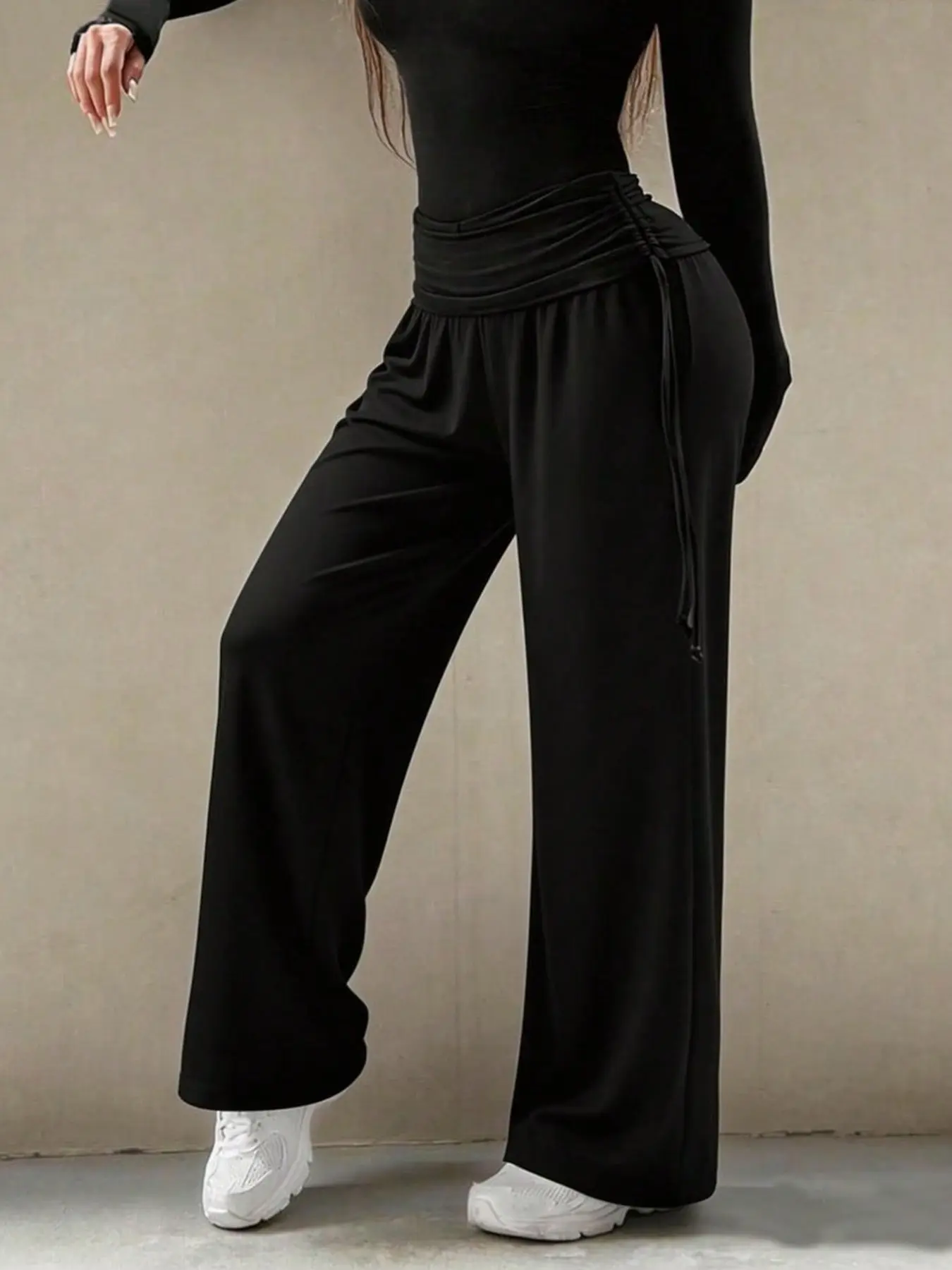 High-Waisted Wide-Leg Pants with Side Drawstring, Soft Drape Design, Perfect for Casual Wear, New Year Season, Commute and Dates, Casual Style Bottoms
