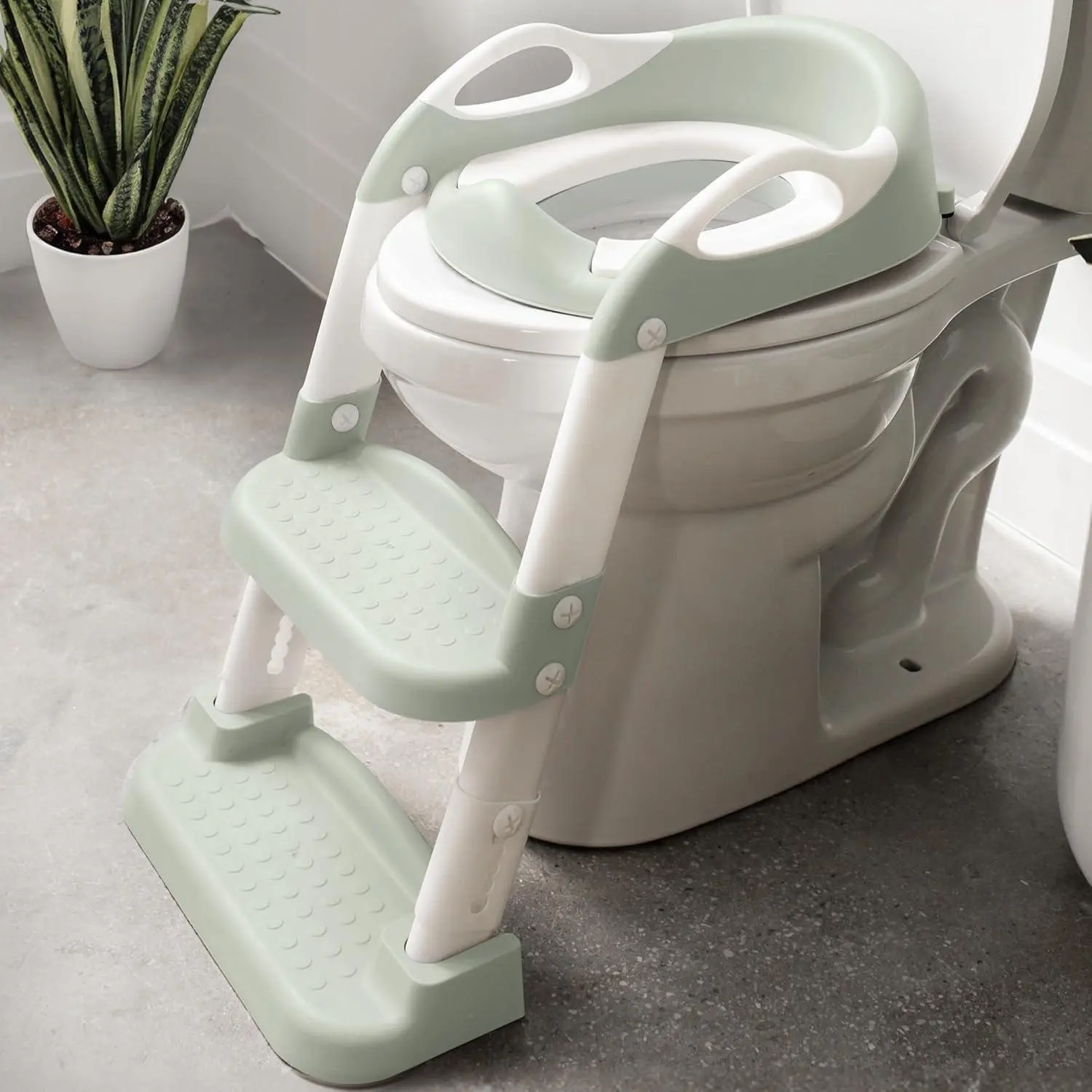 Potty Training Seat with 2 Step Ladder  Toddlers - Splash Guard, Adjustable Height (Sage)