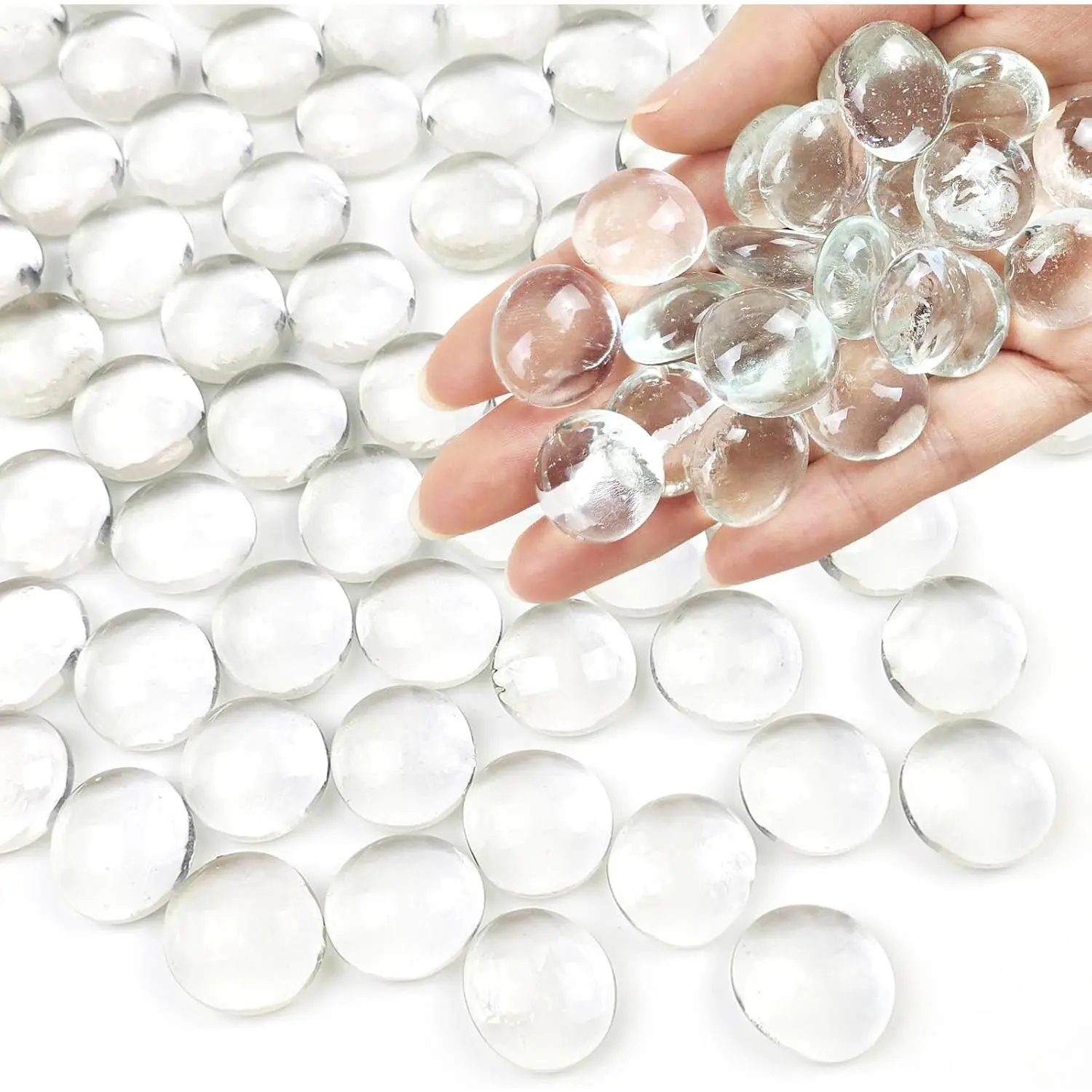 FANTIAN 1lb Clear Glass Beads for Vases, 100 Pcs Glass Pebbles, Clear Flat Glass Marbles for Vase Filler Flower Candle Crafts Centerpieces and Wedding Decoration