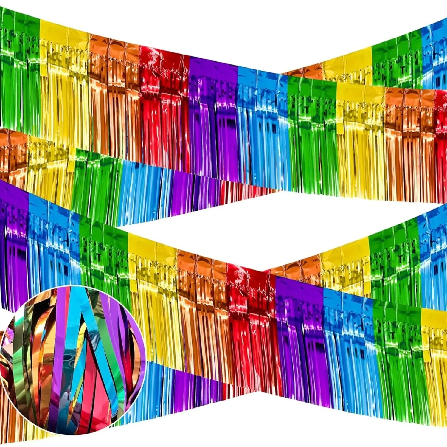 4 Pack 38*300cm Iridescent Rainbow Color Foil Fringe Garland Metallic Tinsel Banner Wall Hanging Drapes Parade Float Skirting Decorations for Trailer Mardi Gras Party Birthday Wedding Party Supplies