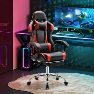 Ergonomic PU Leather Gaming Chair - Lumbar Support, Adjustable Headrest, Fixed Armrests, Footrest, 360° Rotation, Height Adjustment - Stylish Black & Blue for Gaming Setup, Recording Studio