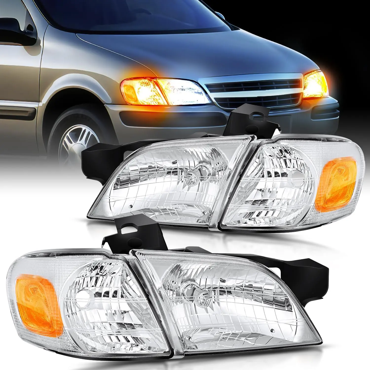 Nilight Headlight Assembly Compatible with 1997 1998 1999 2000 2001 2002 2003 2004 2005 Chevy Venture Oldsmobile Silhouette 1997-1998 Pontiac Chrome Housing Amber Corner Clear Lens, High Compatibility