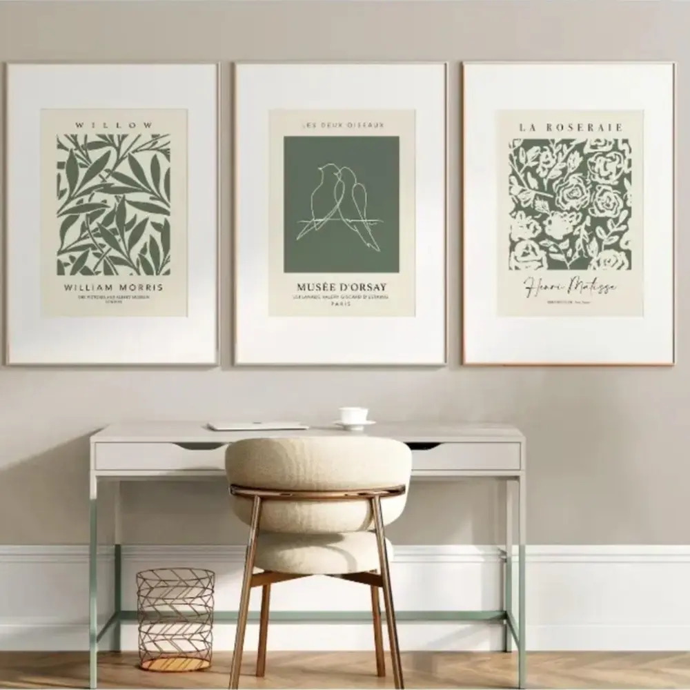 3 Pieces William Morris & Matisse Print Wall Art, Sage Green Botanical & Line Drawing Decor, Framed and Unframed Options Available.