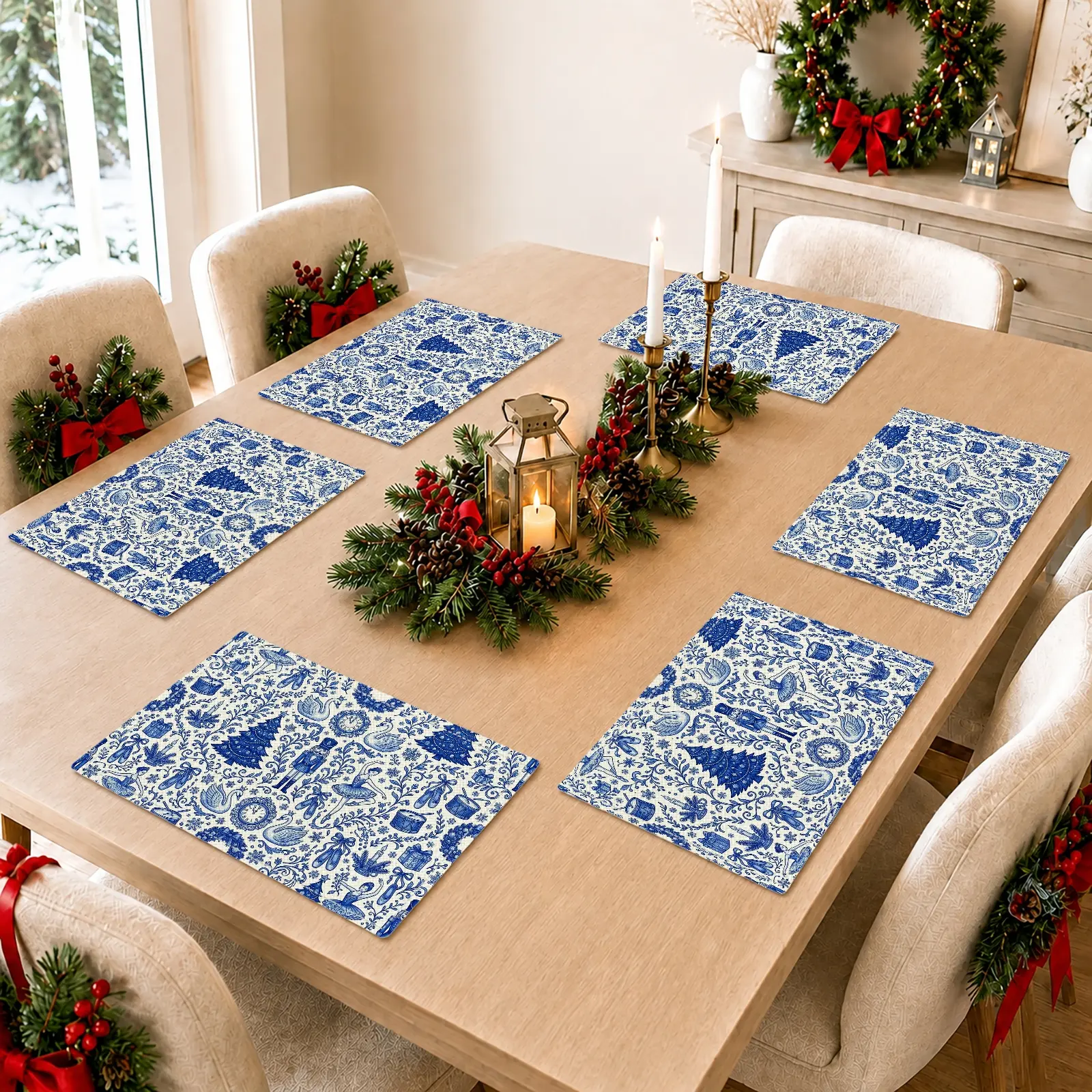 4/6pcs Christmas Tree Nutcracker & Gift Box Placemats, Vintage Christmas Style for Dining Table, Kitchen, Christmas Dinner & Holiday Home Decor Festivities, Christmas Gifts, Table Decoration