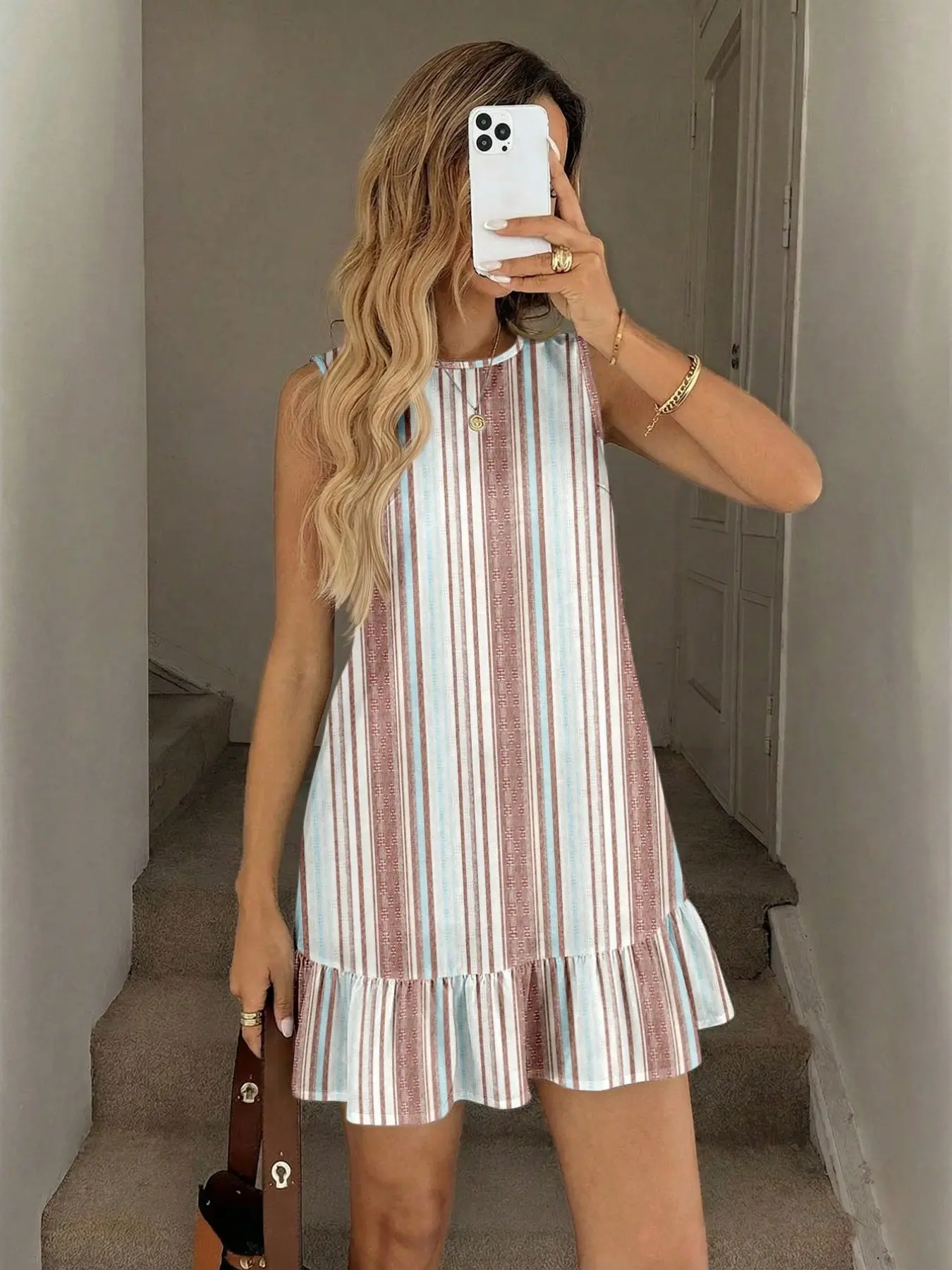 Striped Sleeveless Ruffle Backless Dress, Loose Fit Conceals Belly Fat, Youthful Straight Leg Short Skirt, Casual Summer, Casual Beach Sundress