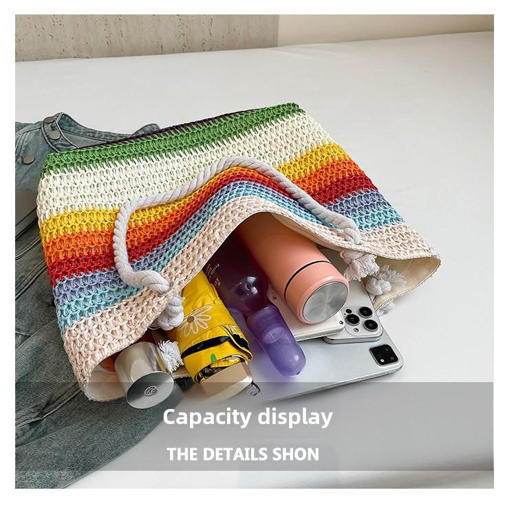 2026 New Women Fashion Shoulder Bag Rainbow Striped Color Block Straw Bag Large Capacity Beach Bag for Vacation
