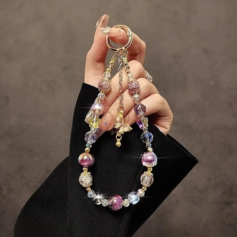 Handmade Crystal Beaded Short Phone Wrist Chain, Anti-Lost Lucky Gemstone Lanyard Bracelet, Trendy Phone Charm Accessories for Women