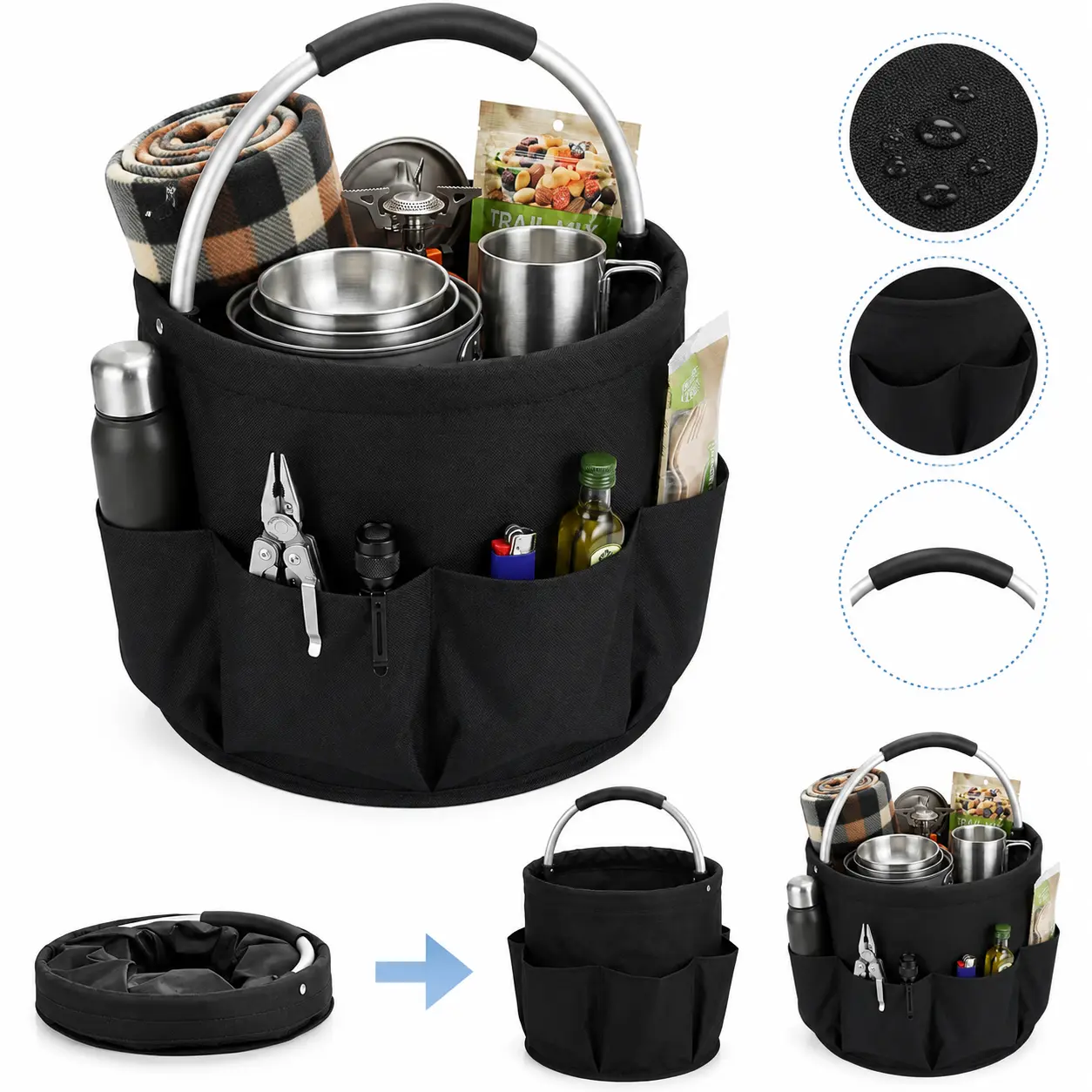 16L Foldable Cleaning Caddy with Handle, Storage Organizer for Home and Garden Cleaning Supplies, Black