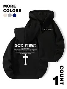 Men's "GOD FIRST" Christian Quote & Cross Print Half-Zip Hoodie Oversized Faith Inspired Hooded Sweatshirt For Church Streetwear Casual Outfits Men's "GOD FIRST" Christian Quote & Cross Print Half-Zip Hoodie Oversized Faith Inspired Hooded Sweatshirt For