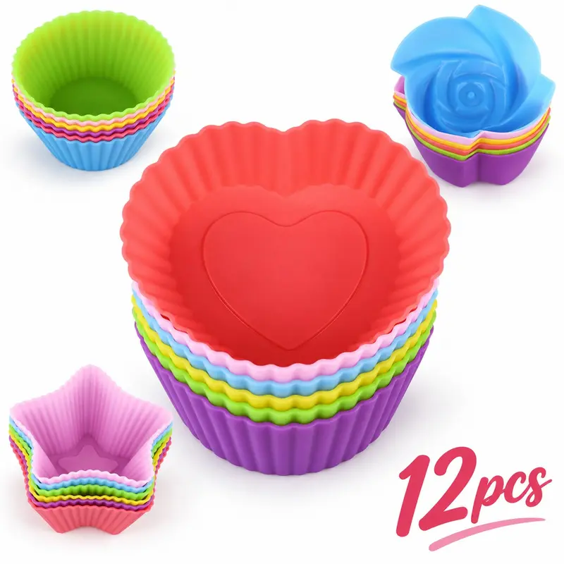 12 Pcs Silicone Muffin Cups – Reusable non-stick baking molds for cupcakes and muffins. Durable food-grade silicone bakeware set, easy to clean and heat resistant. Perfect for home baking, desserts, parties and everyday cooking use.