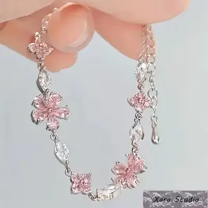 Women’s Cherry Blossom Charm Bracelet, Trendy Pink Flower Petal Chain Jewelry, Dainty Adjustable Square Blossom Bracelet, Elegant Minimalist Fashion Wrist Accessory, Cute Girly Gift for Her, Daily Wear, Holiday & Special Occasion Jewelry