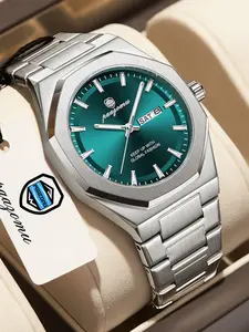 Paazomu Luxury Square Man Quartz Watch, Waterproof Luminous Date, High Quality Stainless Steel, Business Men's Watch, Luminous Date Wristwatch