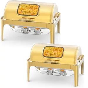 2Pcs Rectangle Chafing Dish Set – 9QT Roll Top Stainless Steel Warmer with Visible Lid, Water Pan, Stand & Fuel Holder – Elegant Gold Finish for Weddings & Events
