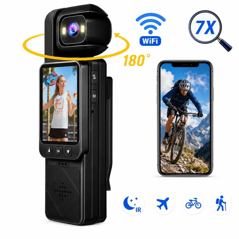 Body Camera 108 Wearable Action Camera, Portable Vlogging Camera with TFT Display, WiFi Connection, IR Night Vision and Loop Recording for Cycling Travel