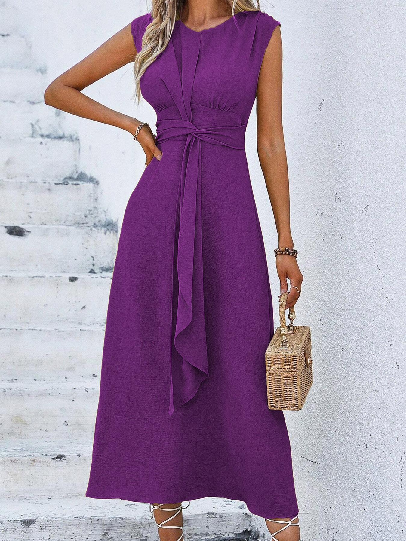 Women's Sleeveless Round Neck Plain Waist-Cinched A-Line Dress with Slimming Front Design, Perfect for Daily Commute