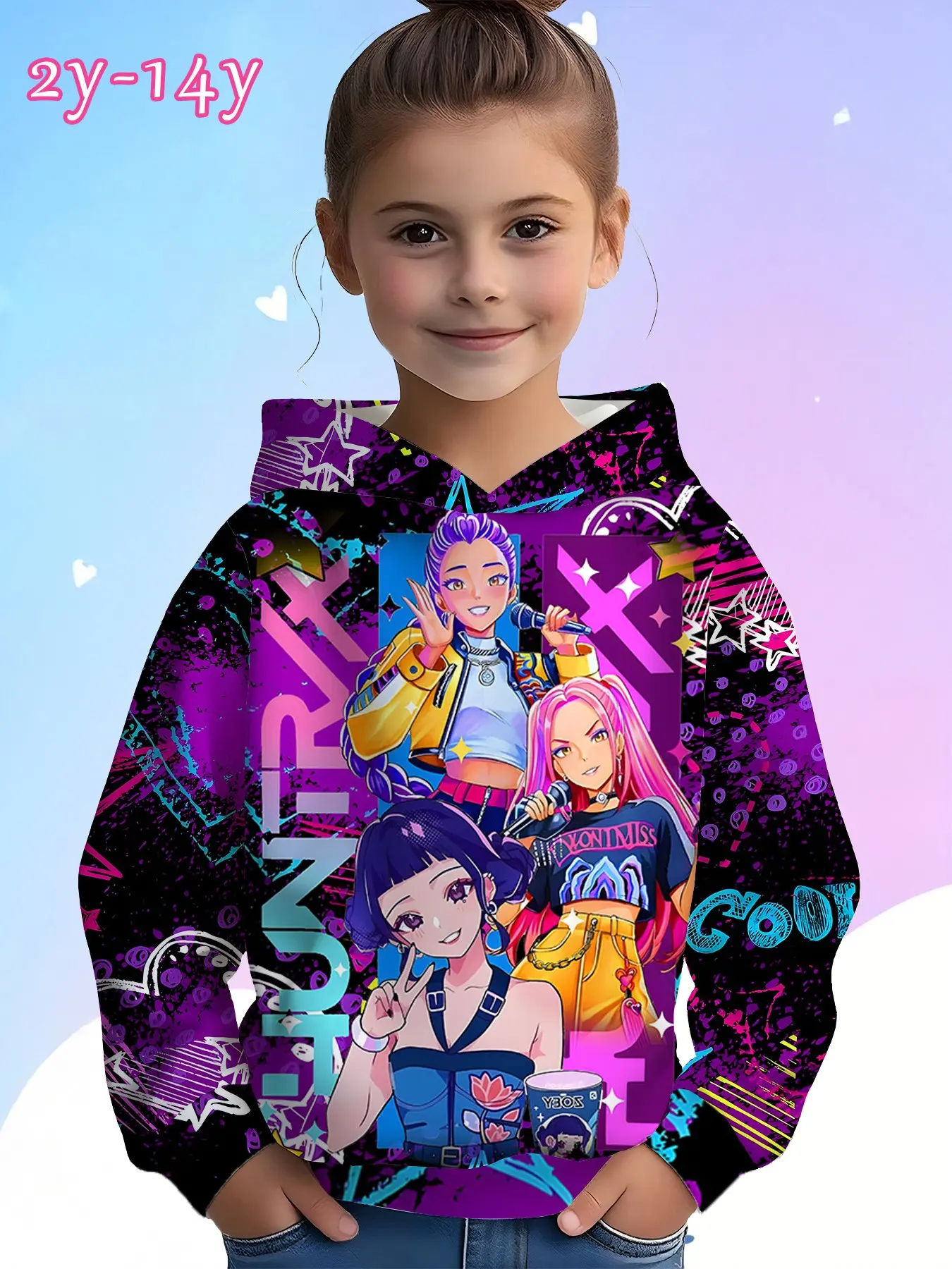 Trendy Graffiti Hoodie for Girls, Casual Loose-Fit Fall & Winter Sweatshirt, Random Print Design, Kids' Fashion Outerwear