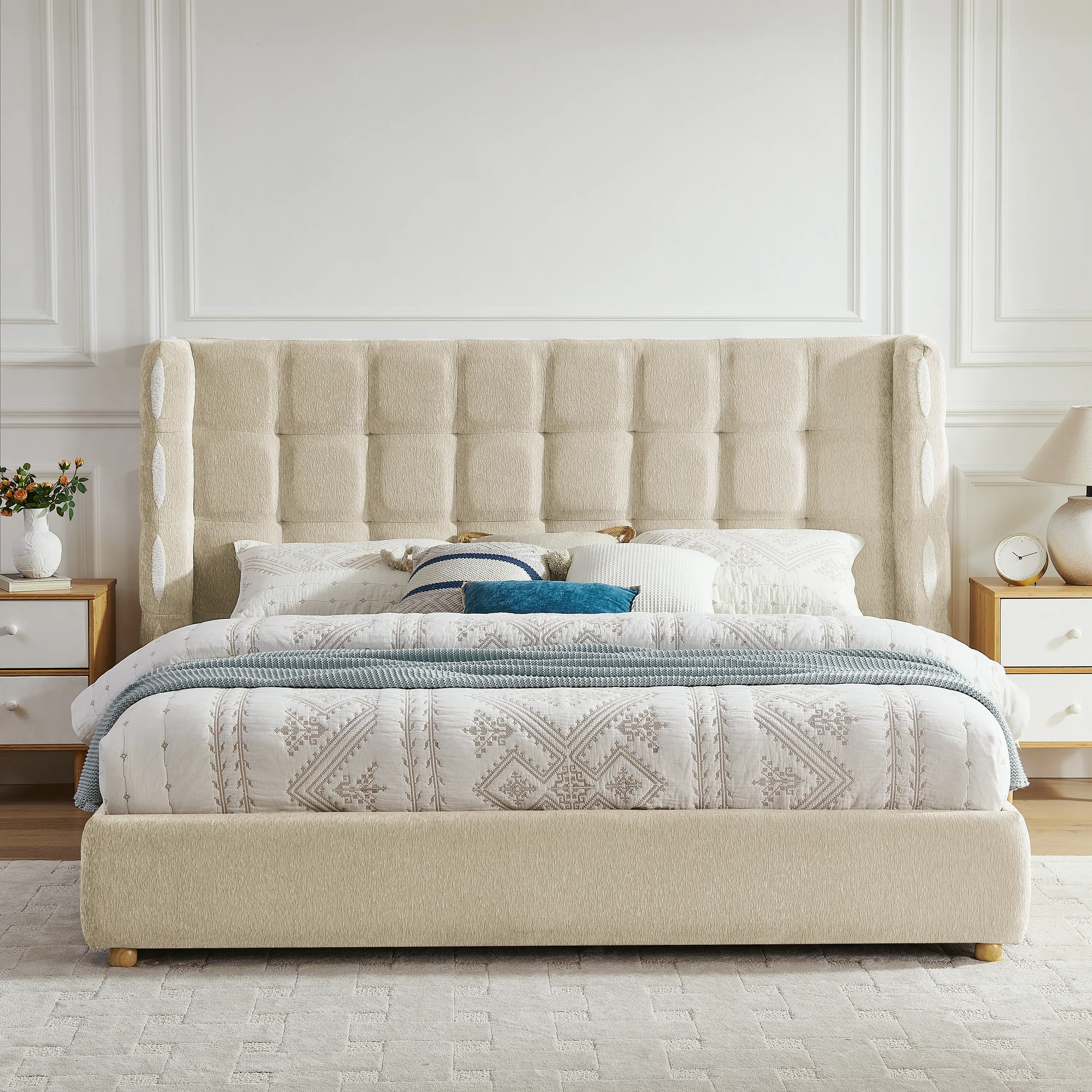 Classic King Size Chenille Wingback Upholstered Waffle Bed Frame with Hydraulic Lift Storage, Removable Washable Fabric, Foam-Filled Headboard, Wood Slat Support, Khaki for Bedroom, Sohochic | Indoor Furniture Bed Frames