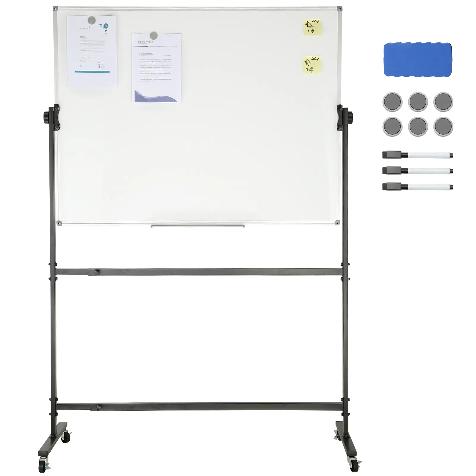 Rolling Magnetic Whiteboard, Double-sided Mobile Whiteboard 48x36 Inches, Adjustable Height Dry Erase Board with Wheels, 1 Magnetic Erase & 3 Dry Erase Markers & Movable Tray for Office School
