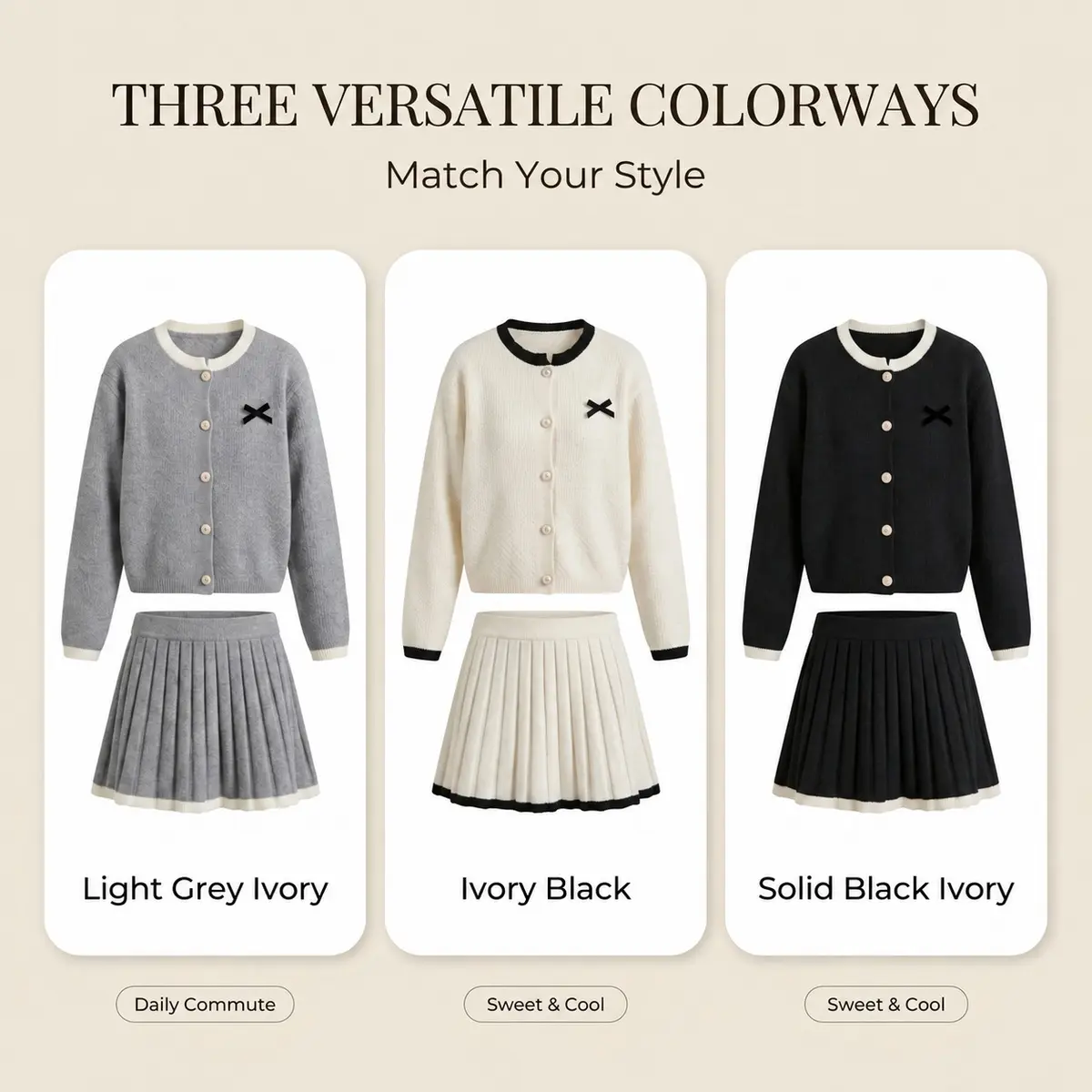 Women's 2 Piece Knit Set Cardigan Sweater and Pleated Mini Skirt Matching Outfit Pearl Button Long Sleeve Sweater Set Elegant Chic Preppy Style Casual Fall Winter Spring Fashion Outfit for Women