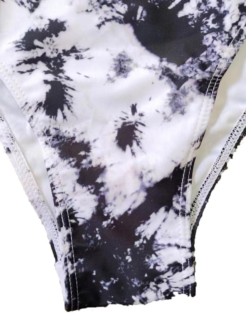 Plus Size Tie Dye Print Halter Neck Criss Cross Backless Underwire Push Up Swim Bra & High Waist Swim Panty Set, Casual Fashion Cut Out Sleeveless Swim Top & Swim Bottom Swimwear Set, Bikini Sets, Halter Bikinis Set