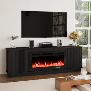 Modern Fluted Black Fireplace TV Stand - 70" Media Console with 36" Electric LED Flame Heater for TVs up to 80"